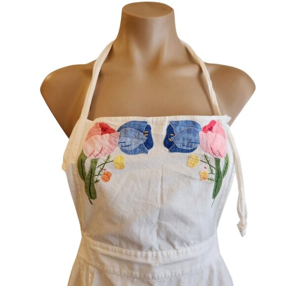 Vintage Tulip Flower Short White Apron Applique Flowers Small To Large - Picture 3 of 8